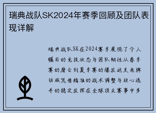 瑞典战队SK2024年赛季回顾及团队表现详解
